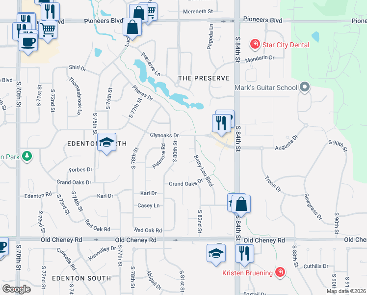 map of restaurants, bars, coffee shops, grocery stores, and more near 8111 Lea Rae Place in Lincoln