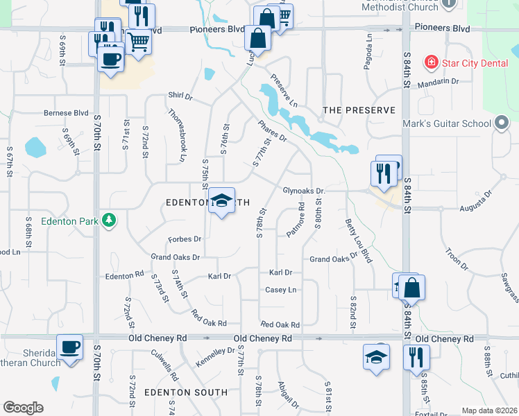 map of restaurants, bars, coffee shops, grocery stores, and more near 5200 South 78th Street in Lincoln