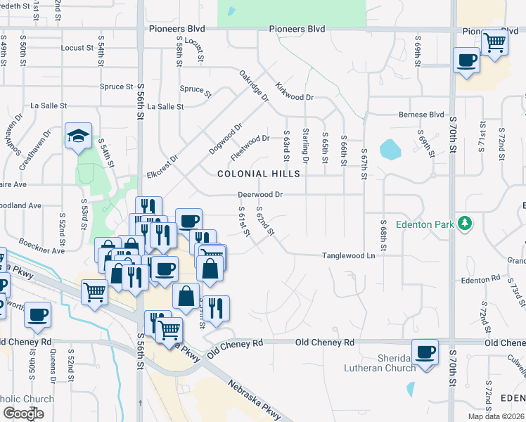 map of restaurants, bars, coffee shops, grocery stores, and more near 5309 South 62nd Street in Lincoln