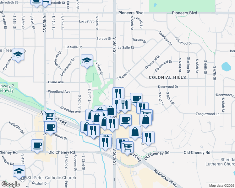 map of restaurants, bars, coffee shops, grocery stores, and more near 5201 Dogwood Court in Lincoln
