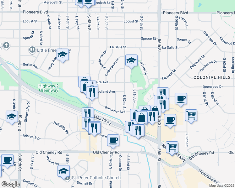 map of restaurants, bars, coffee shops, grocery stores, and more near 5221 South 52nd Street in Lincoln