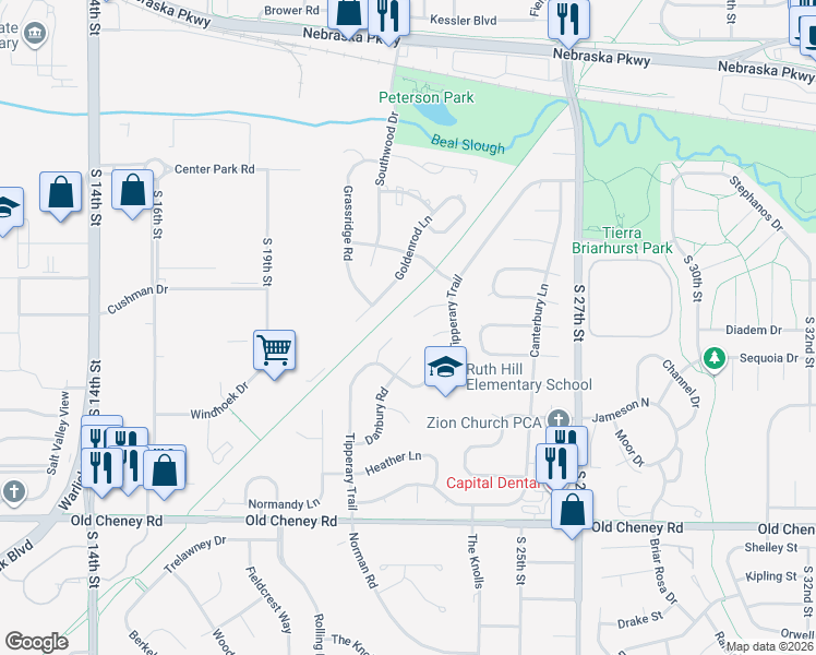 map of restaurants, bars, coffee shops, grocery stores, and more near 2301 Camelot Court in Lincoln