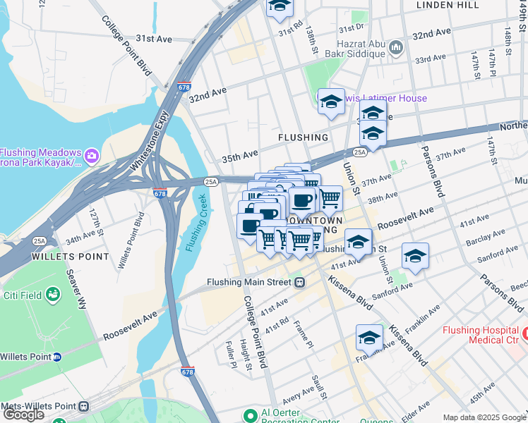 map of restaurants, bars, coffee shops, grocery stores, and more near 135-15 37th Avenue in Queens