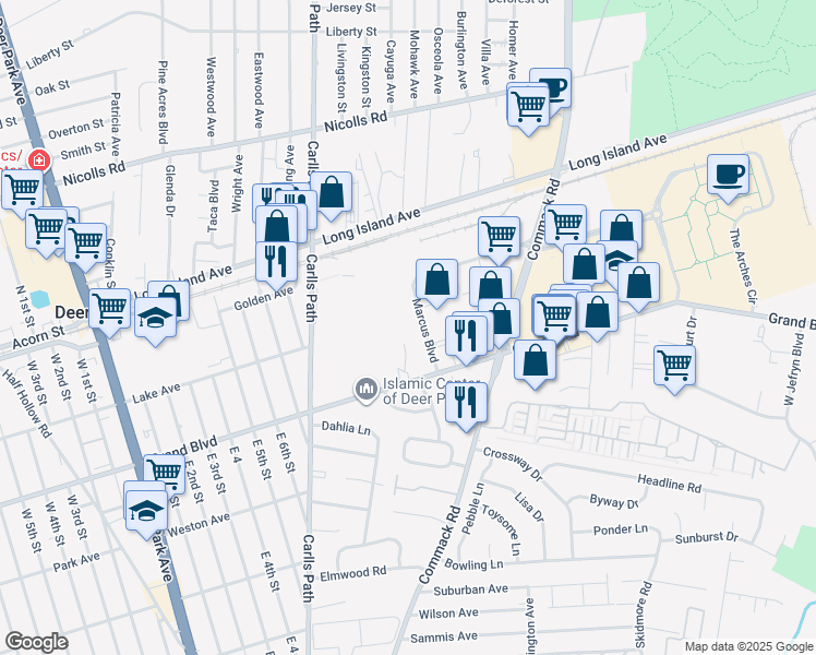 map of restaurants, bars, coffee shops, grocery stores, and more near 95 Marcus Boulevard in Deer Park
