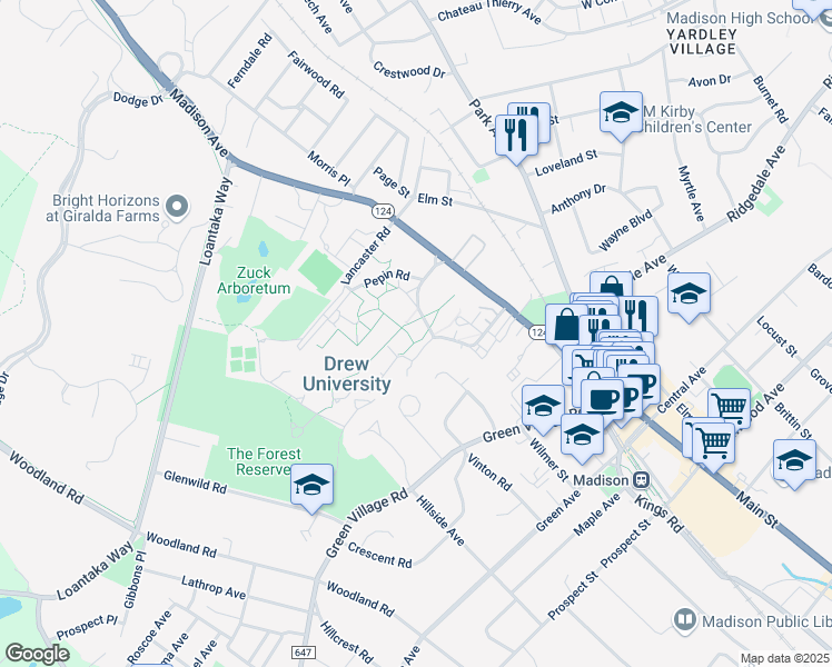 map of restaurants, bars, coffee shops, grocery stores, and more near 36 Madison Avenue in Madison