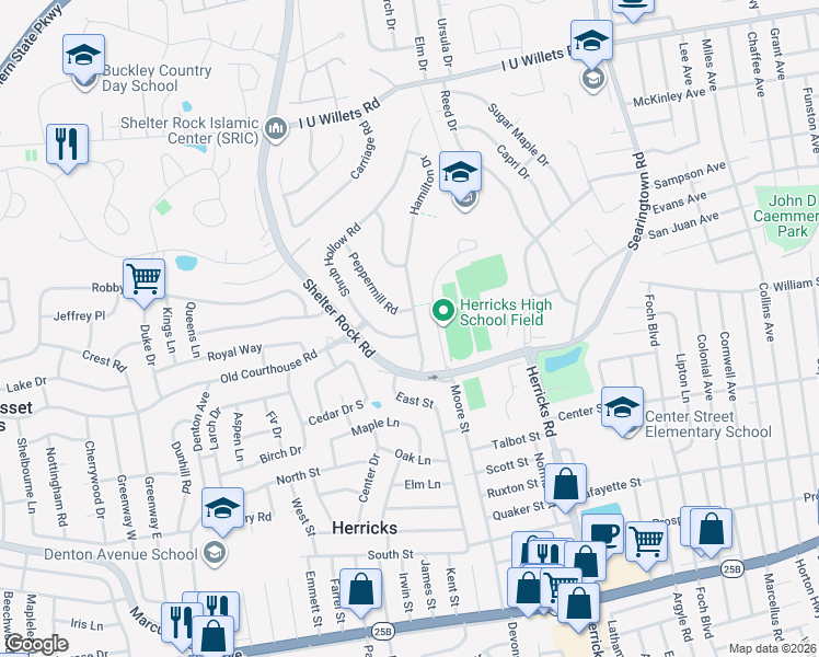 map of restaurants, bars, coffee shops, grocery stores, and more near 11 Hamilton Drive in Roslyn