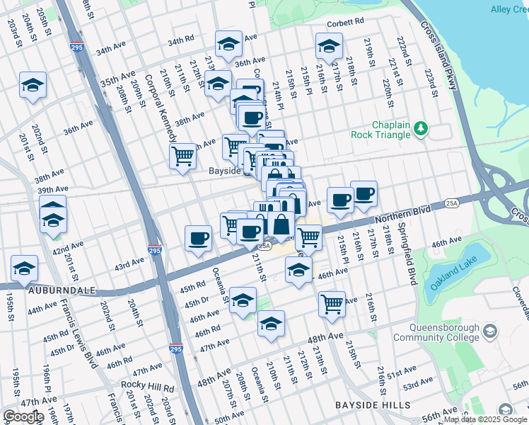 map of restaurants, bars, coffee shops, grocery stores, and more near 212-15 43rd Avenue in Queens