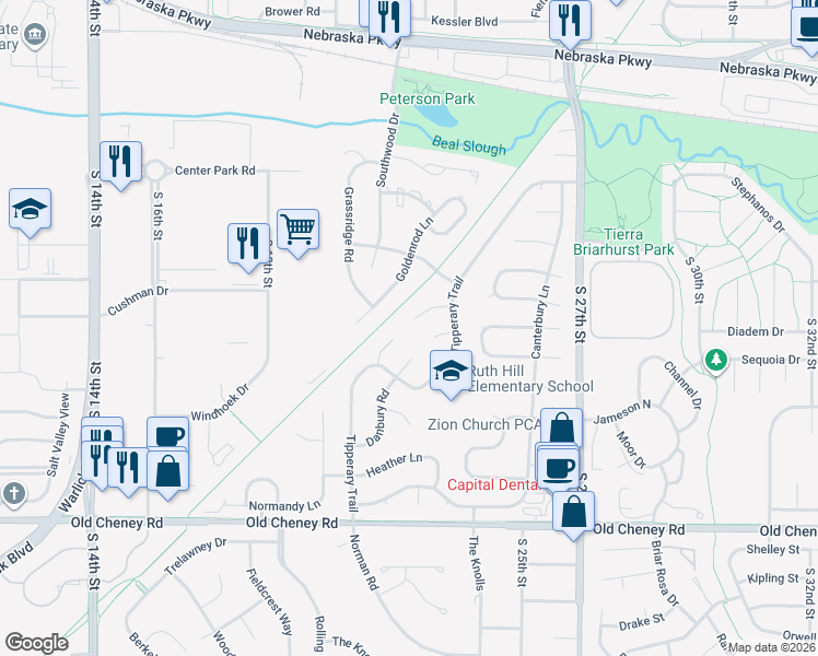 map of restaurants, bars, coffee shops, grocery stores, and more near 2301 Camelot Court in Lincoln