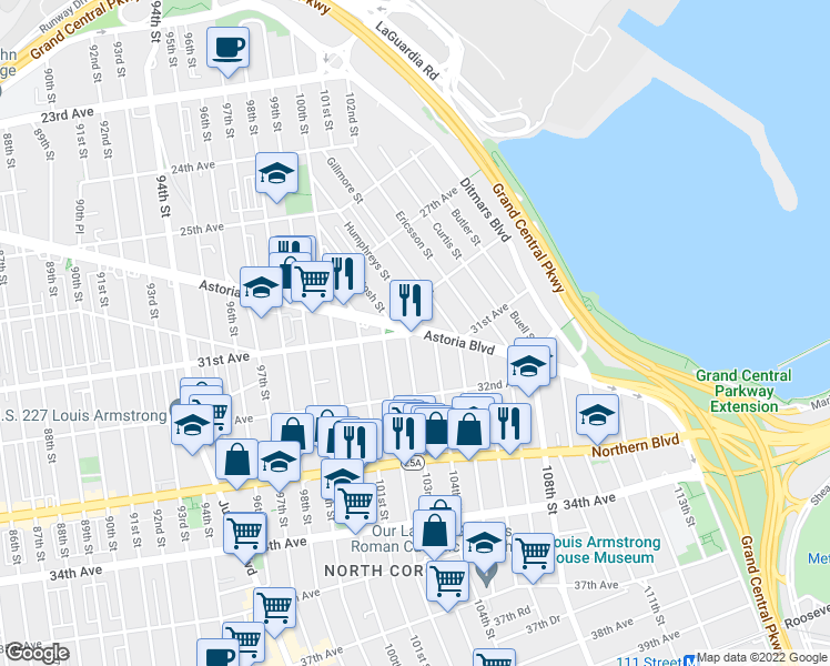 map of restaurants, bars, coffee shops, grocery stores, and more near 31st Ave & Astoria Blvd in Queens