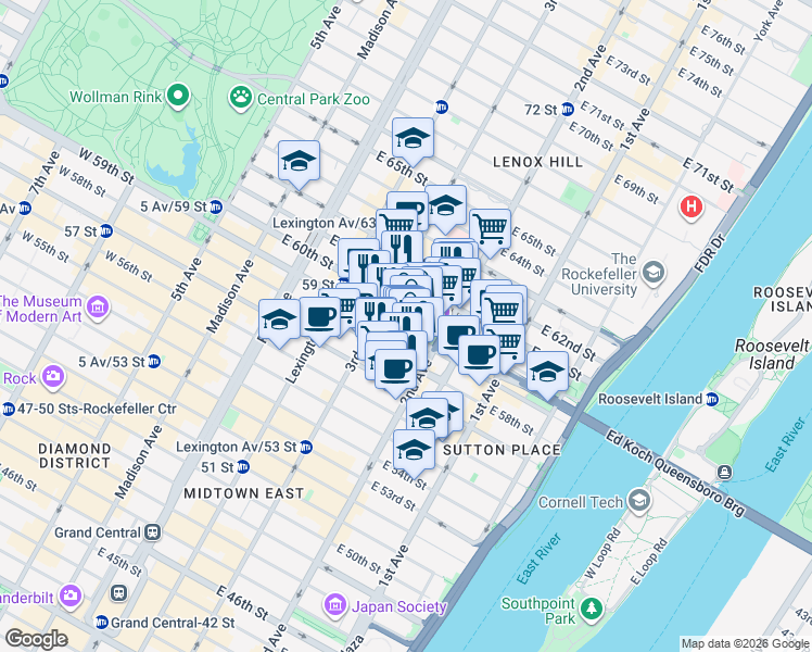 map of restaurants, bars, coffee shops, grocery stores, and more near 979 3rd Avenue in New York