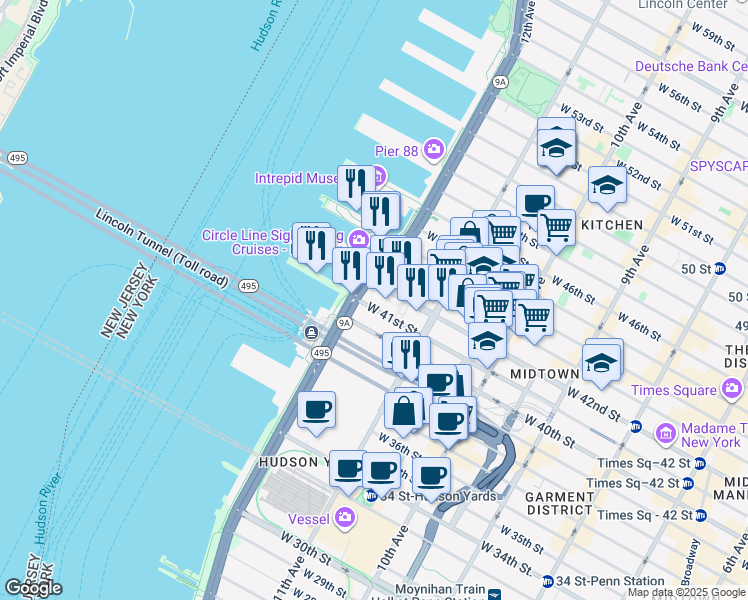 map of restaurants, bars, coffee shops, grocery stores, and more near 6th Avenue in New York