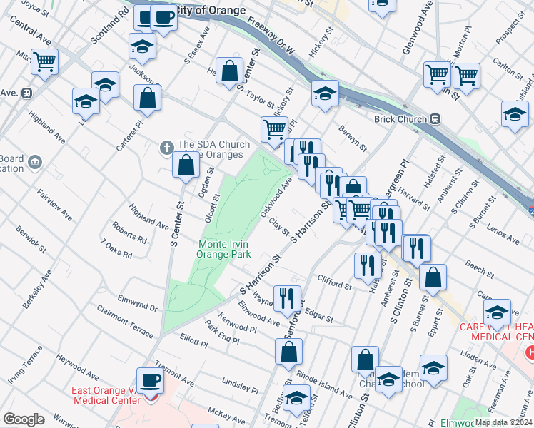 map of restaurants, bars, coffee shops, grocery stores, and more near 314 Oakwood Ave in Orange