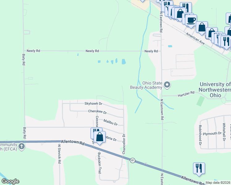 map of restaurants, bars, coffee shops, grocery stores, and more near 1590 Chancellor Drive in Lima
