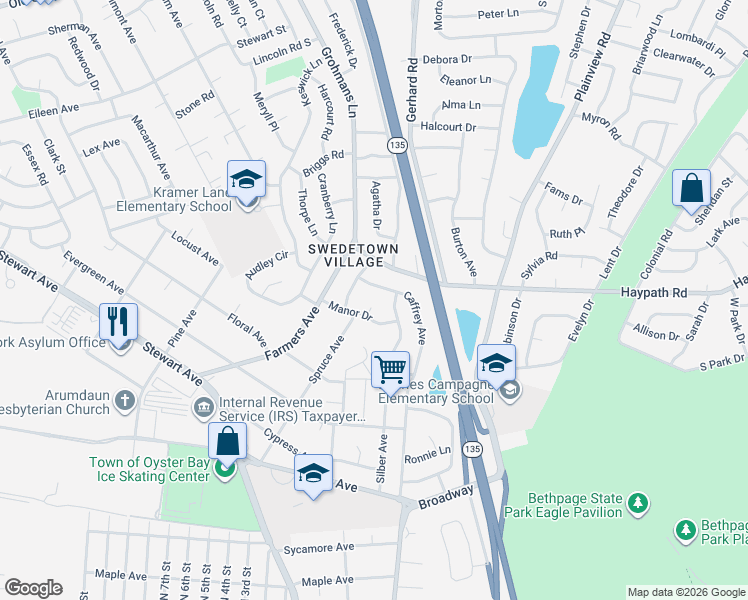 map of restaurants, bars, coffee shops, grocery stores, and more near 9 Robin Court in Bethpage