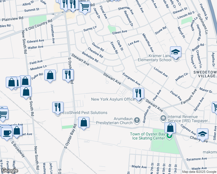 map of restaurants, bars, coffee shops, grocery stores, and more near 1111 Stewart Avenue in Bethpage