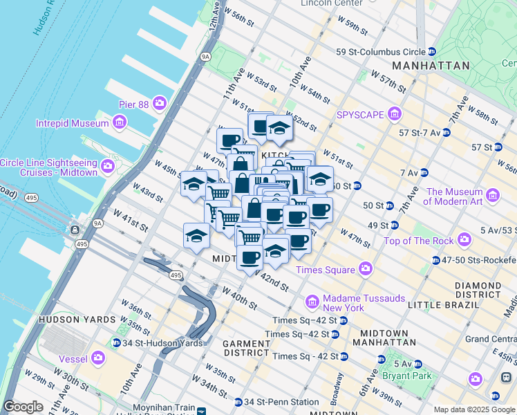 map of restaurants, bars, coffee shops, grocery stores, and more near 421 West 45th Street in New York