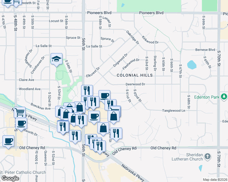 map of restaurants, bars, coffee shops, grocery stores, and more near 5901 Robin Road in Lincoln