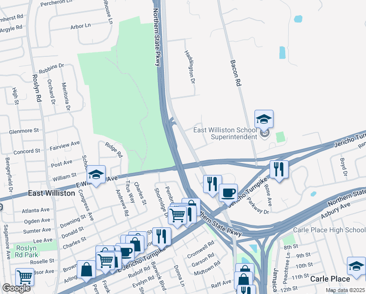 map of restaurants, bars, coffee shops, grocery stores, and more near 204 Glen Cove Road in Old Westbury