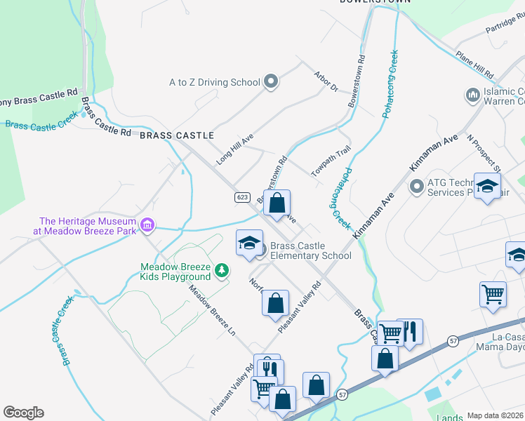 map of restaurants, bars, coffee shops, grocery stores, and more near 80 Brass Castle Road in Washington