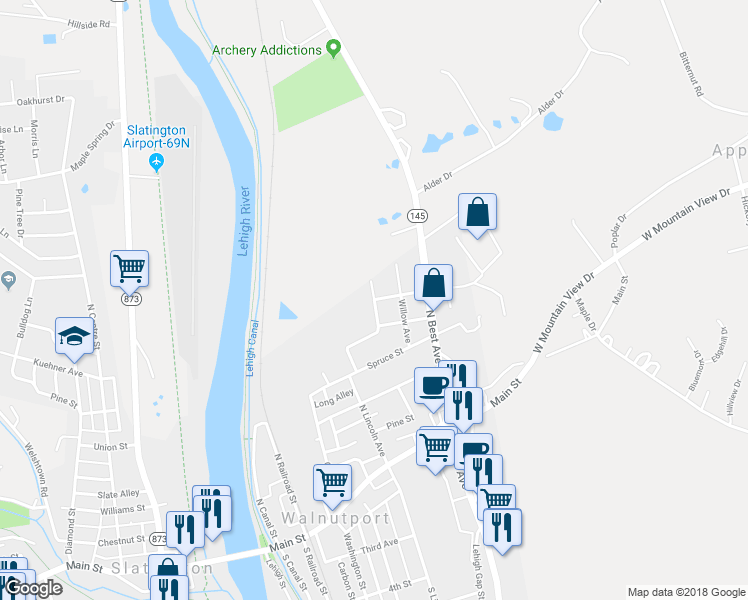 map of restaurants, bars, coffee shops, grocery stores, and more near 401 Cypress Street in Walnutport