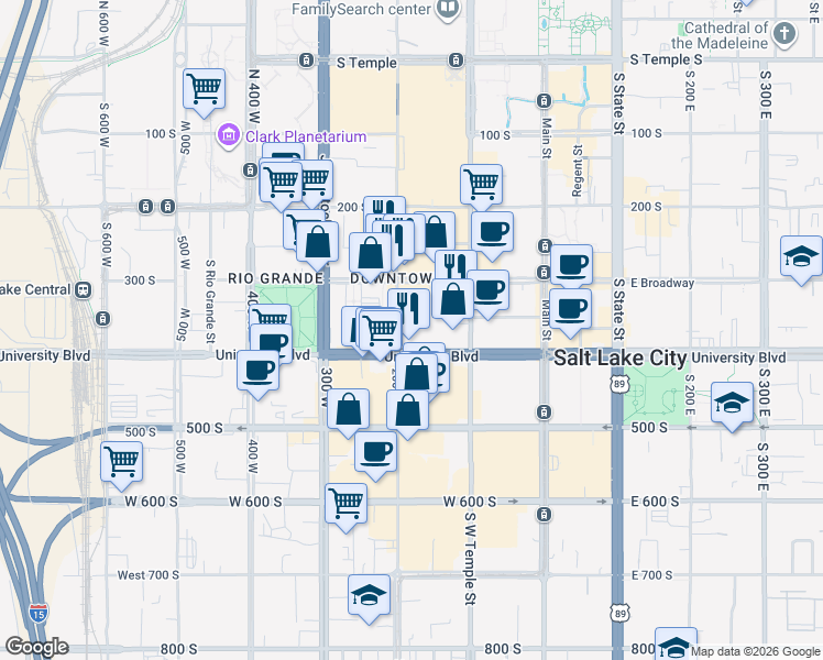 map of restaurants, bars, coffee shops, grocery stores, and more near 202 West 400 South in Salt Lake City