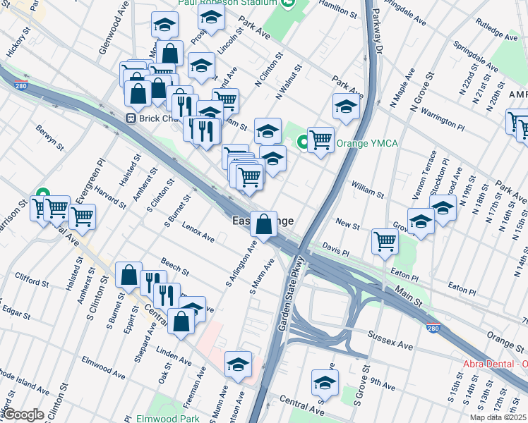 map of restaurants, bars, coffee shops, grocery stores, and more near 65 City Hall Plaza in East Orange
