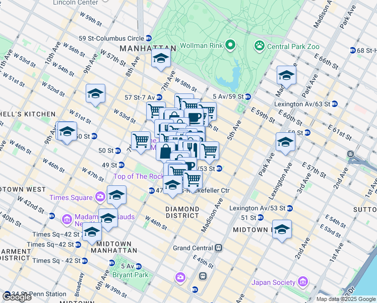 map of restaurants, bars, coffee shops, grocery stores, and more near 51 West 52nd Street in New York