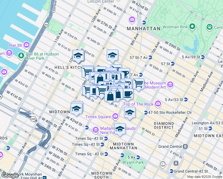 map of restaurants, bars, coffee shops, grocery stores, and more near 250 West 49th Street in New York