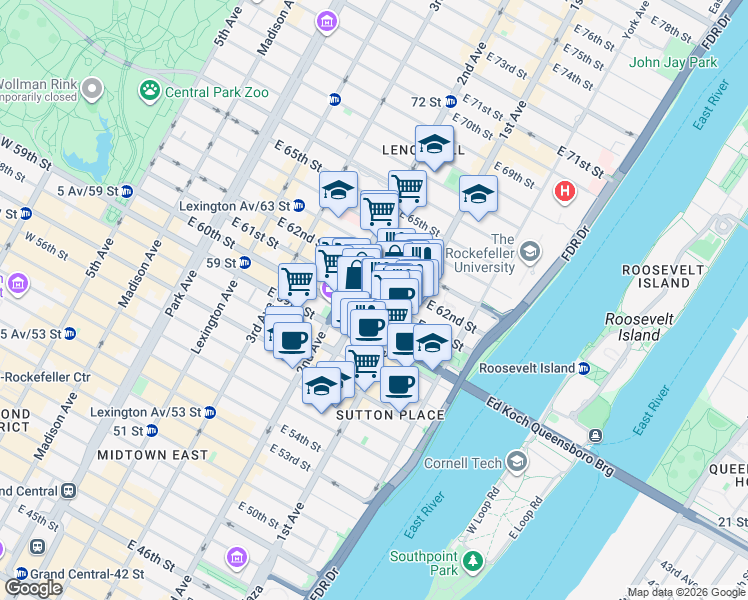 map of restaurants, bars, coffee shops, grocery stores, and more near 322 East 61st Street in New York