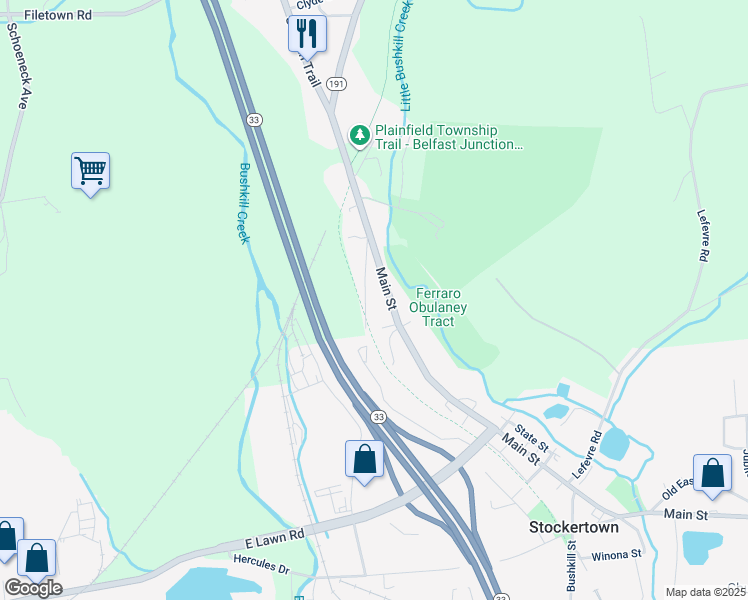 map of restaurants, bars, coffee shops, grocery stores, and more near 643 Dogwood Lane in Easton