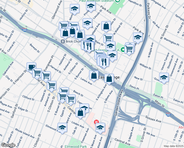 map of restaurants, bars, coffee shops, grocery stores, and more near 38 South Walnut Street in East Orange