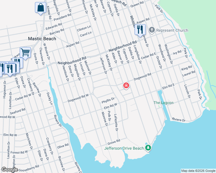 map of restaurants, bars, coffee shops, grocery stores, and more near 129 Jefferson Drive in Mastic Beach