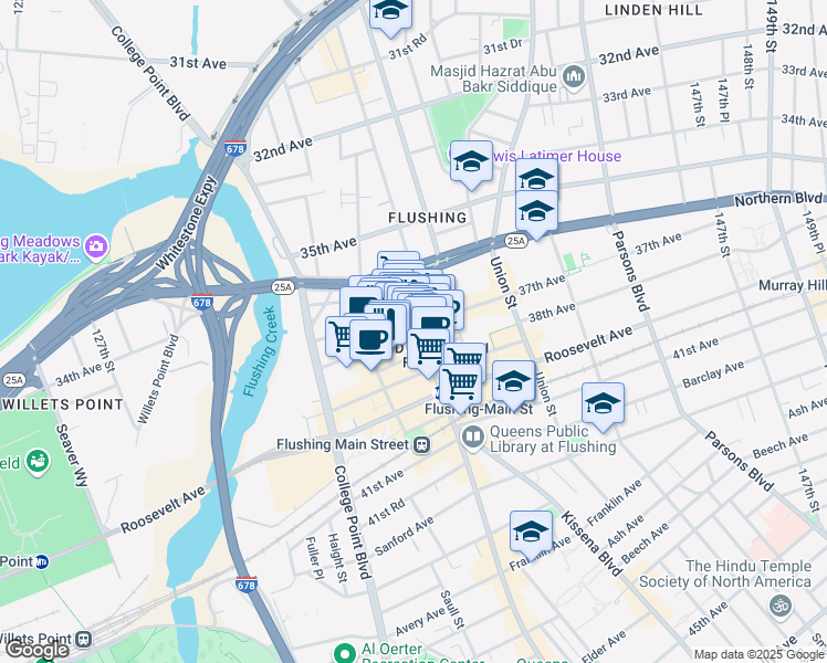 map of restaurants, bars, coffee shops, grocery stores, and more near 135-33 39th Avenue in Queens
