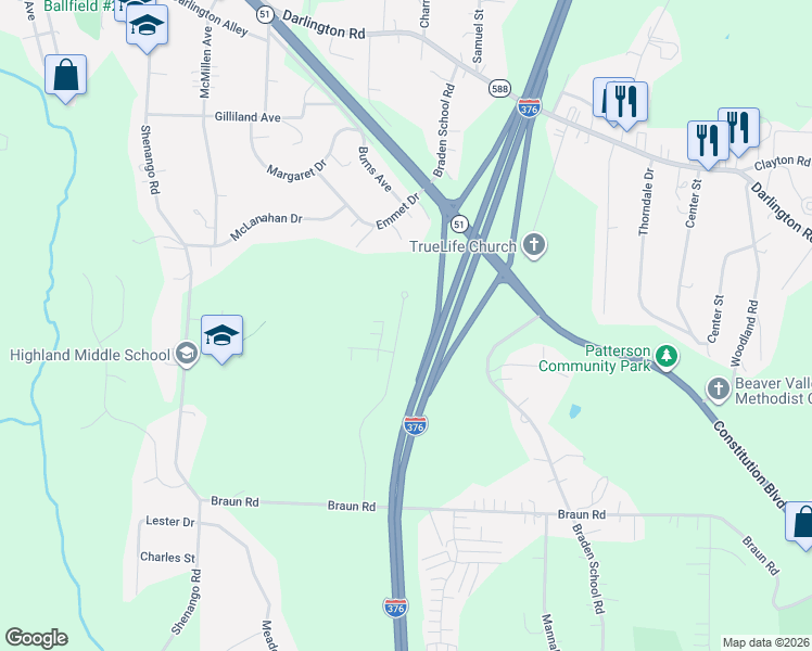 map of restaurants, bars, coffee shops, grocery stores, and more near 331 Cherokee Drive in Beaver Falls