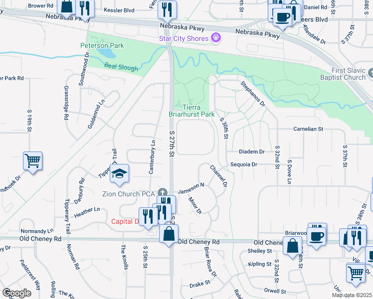 map of restaurants, bars, coffee shops, grocery stores, and more near 2831 Tierra Drive in Lincoln