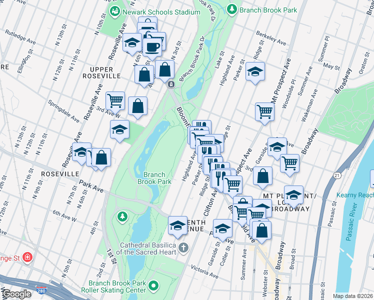map of restaurants, bars, coffee shops, grocery stores, and more near 136 Highland Avenue in Newark