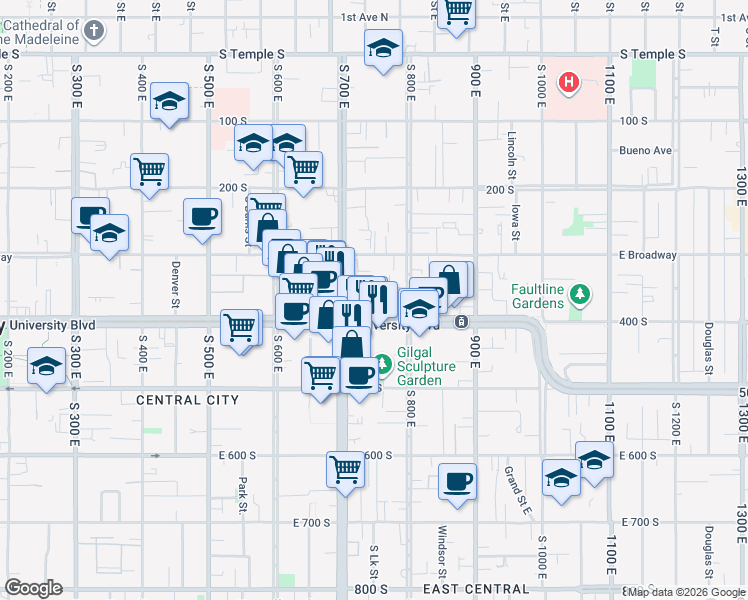 map of restaurants, bars, coffee shops, grocery stores, and more near 765 East 400 South in Salt Lake City