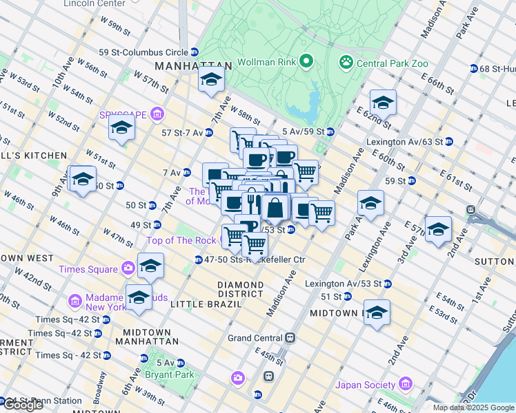 map of restaurants, bars, coffee shops, grocery stores, and more near 11 West 53rd Street in New York