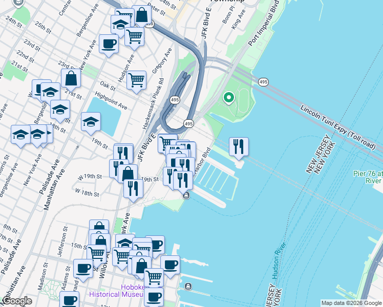 map of restaurants, bars, coffee shops, grocery stores, and more near 1525 Harbor Boulevard in Weehawken Township
