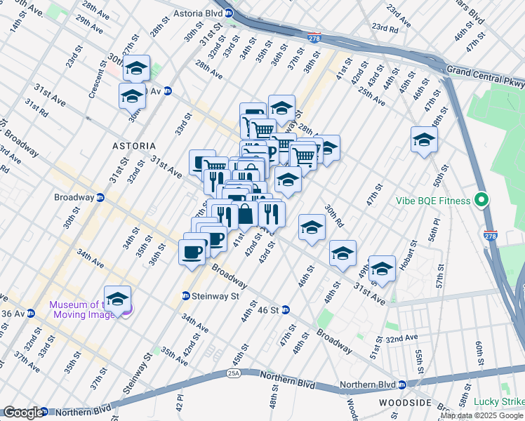 map of restaurants, bars, coffee shops, grocery stores, and more near 3079 41st Street in Queens