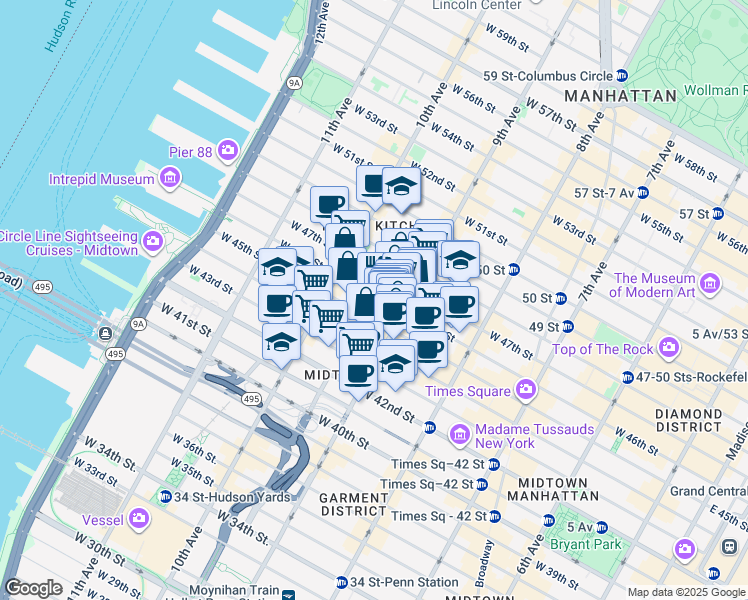 map of restaurants, bars, coffee shops, grocery stores, and more near 426 West 46th Street in New York