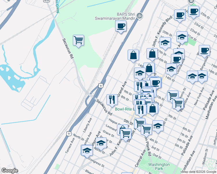 map of restaurants, bars, coffee shops, grocery stores, and more near 716 Liberty Avenue in North Bergen