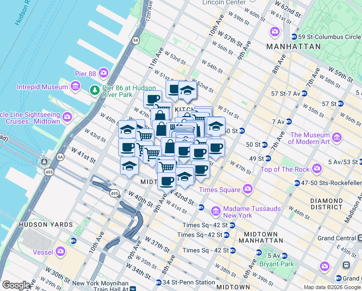 map of restaurants, bars, coffee shops, grocery stores, and more near 421 West 45th Street in New York