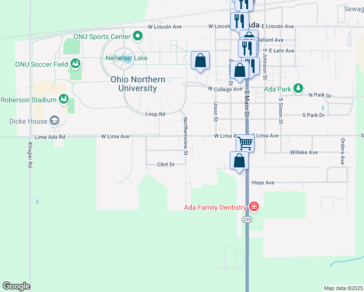map of restaurants, bars, coffee shops, grocery stores, and more near 907 Northernview Street in Ada