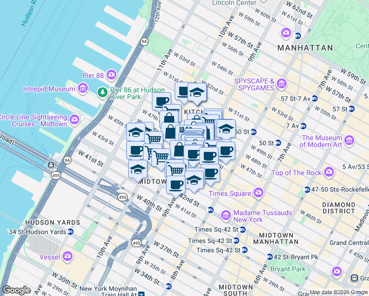 map of restaurants, bars, coffee shops, grocery stores, and more near 415 West 45th Street in New York