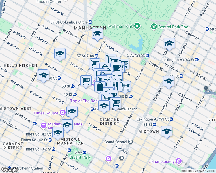 map of restaurants, bars, coffee shops, grocery stores, and more near 51 West 52nd Street in New York
