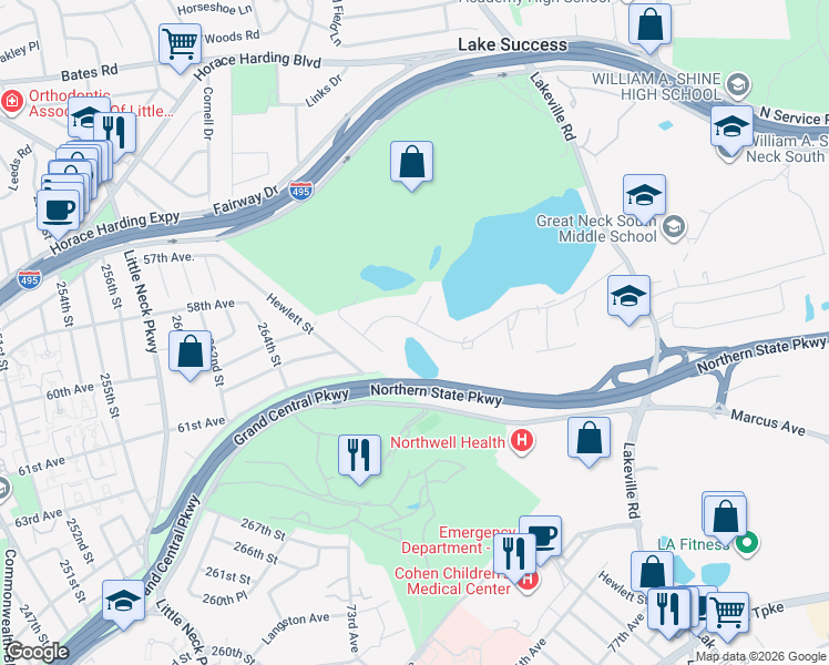 map of restaurants, bars, coffee shops, grocery stores, and more near 22 Lake Road in Great Neck