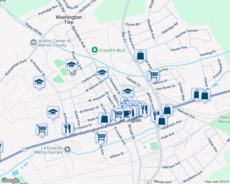 map of restaurants, bars, coffee shops, grocery stores, and more near 153 Belvidere Avenue in Washington