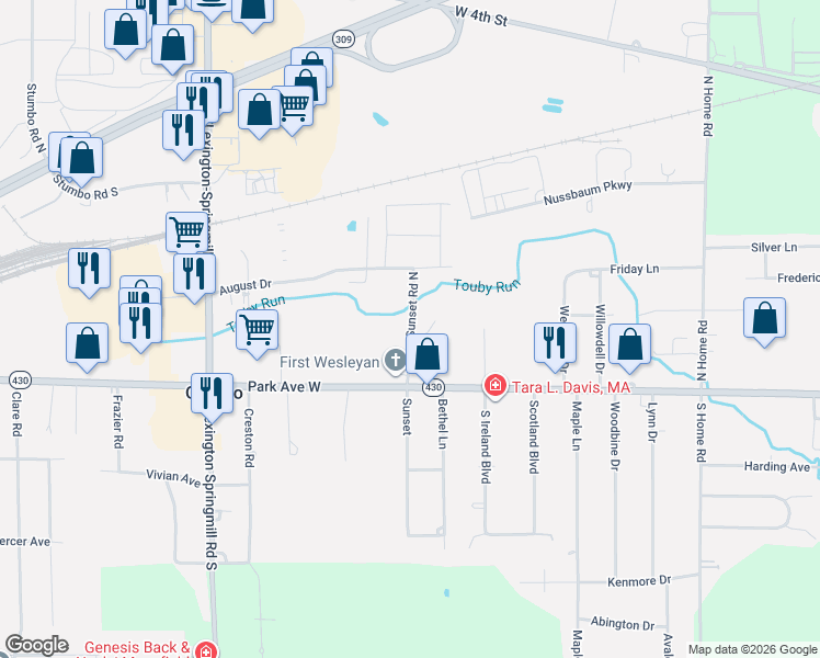 map of restaurants, bars, coffee shops, grocery stores, and more near 12 Sunset Road North in Ontario
