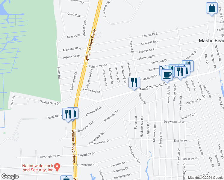 map of restaurants, bars, coffee shops, grocery stores, and more near 142 Parkwood Drive in Shirley